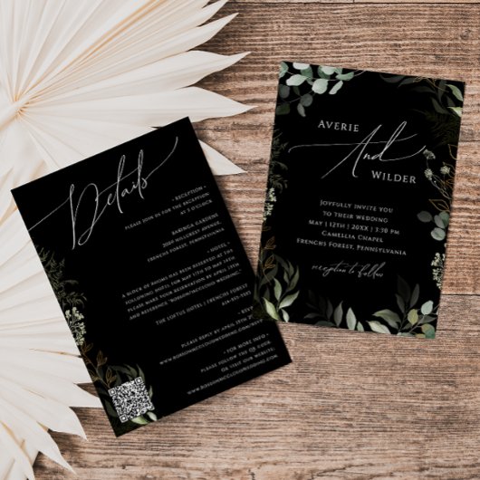 Invitation Code QR noir et or vert tout en un Mariage