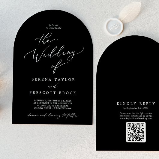 Invitation Code QR noir foncé délicat Boho Arch Mariage