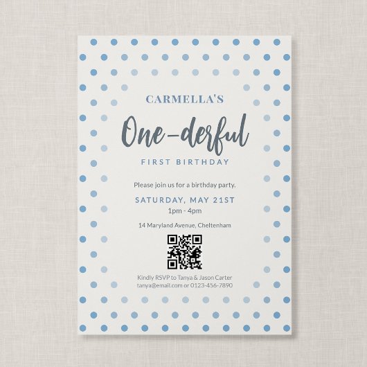 Invitation Code QR One-derful Anniversaire Premier Bleu à poi