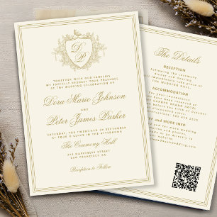 Invitation Code QR or crest monogramme or ivoire doré mariage