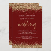 Invitation Code QR Pailleté Or Moderne Mariage Bordeaux (Devant / Derrière)