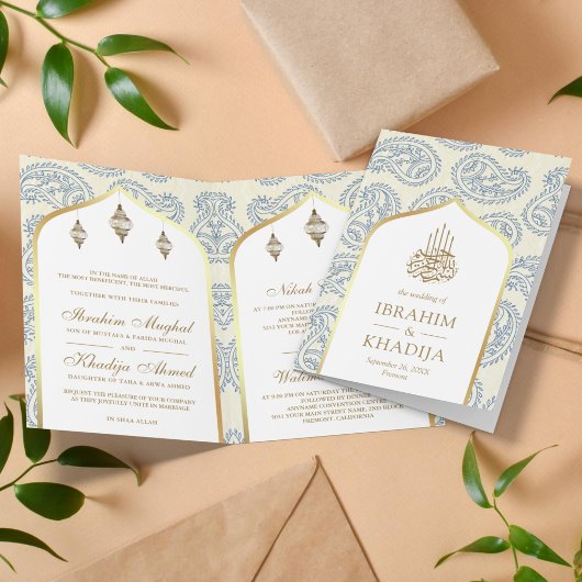 Invitation Code QR Paisley Bleu et Or Mariage Musulman