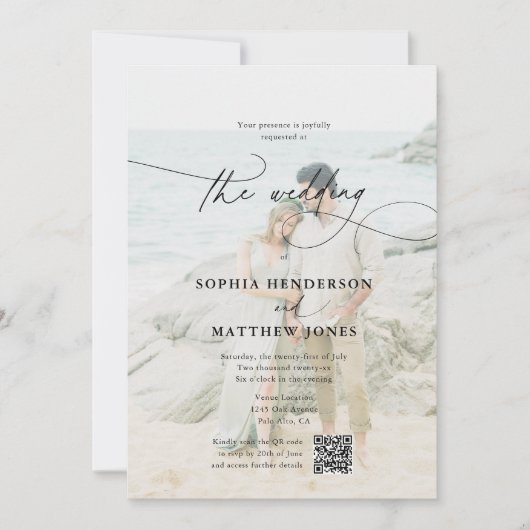 Invitation Code QR Photo Calligraphie Mariage élégant (Devant)