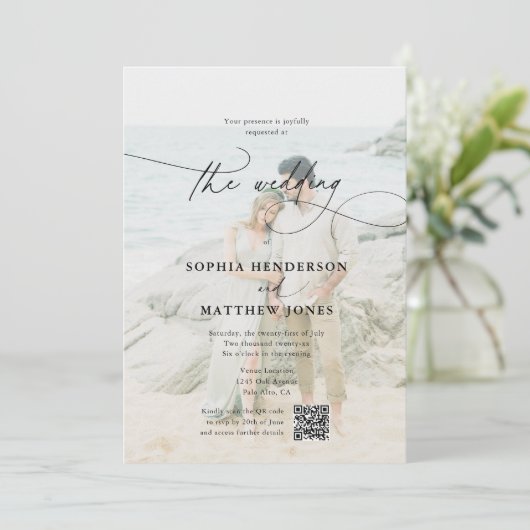 Invitation Code QR Photo Calligraphie Mariage élégant (Debout devant)