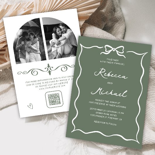 Invitation Code QR Photo de mariage avec ruban vert sauge bla
