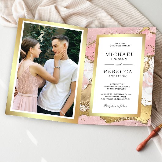 Invitation Code QR Photo de mariage en marbre rose doré Agate