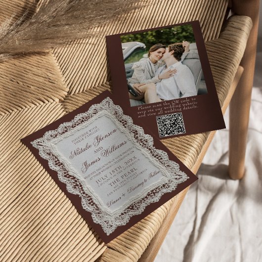 Invitation Code QR photo de napperon en dentelle marron choco