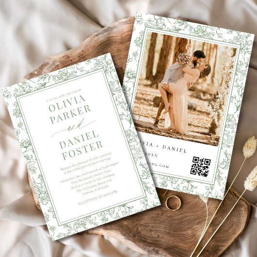 Invitation Code QR photo floral français vert sauge