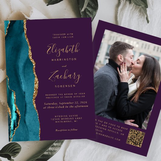 Invitation Code QR photo mariage bleu sarcelle or agate viole