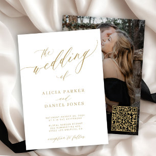 Invitation code QR photo mariage moderne élégant or