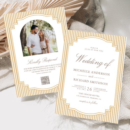 Invitation Code QR photo mariage rayé beige classique