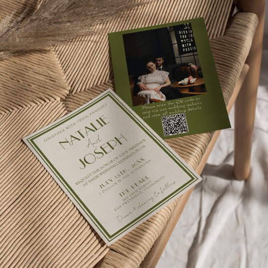 Invitation Code QR photo mariage vert olive argenté élégant