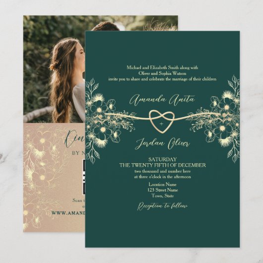 Invitation Code QR Photo Vert Émeraude Mariage Or (Devant / Derrière)
