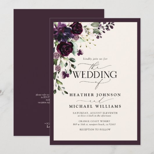 Invitation Code QR Plum Pourpre Crème Floral Aquarelle Script (Devant / Derrière)