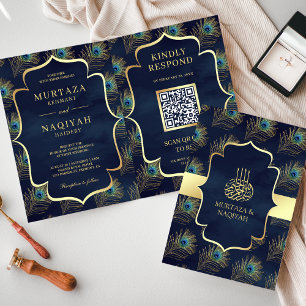 Invitation Code QR Plumes de Paon Bleu Marine Mariage Musulma