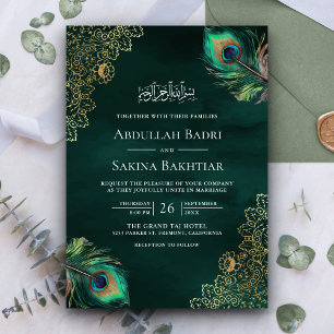 Invitation Code QR Plumes de Paon Émeraude Mariage Musulman