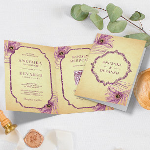 Invitation Code QR Plumes de Paon Violet Mariage Indien