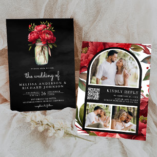 Invitation Code QR Pot Mason Fleur de Pivoine Rouge Mariage N