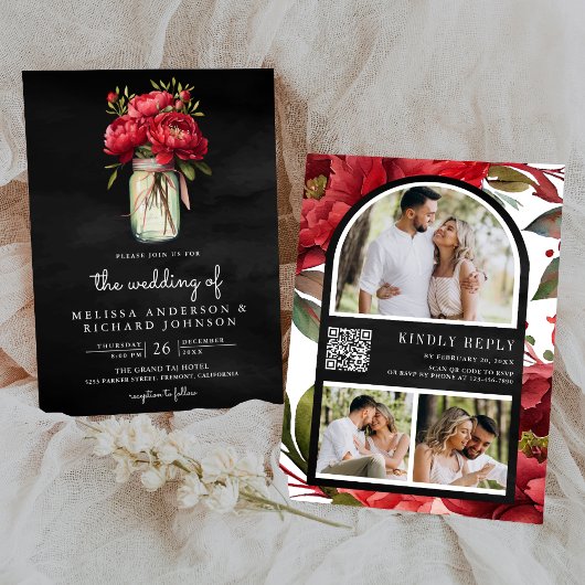Invitation Code QR Pot Mason Fleur de Pivoine Rouge Mariage N