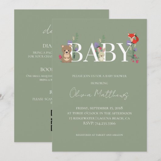 Invitation Code QR pour Baby Shower Bois de Sauge Vert (Devant / Derrière)