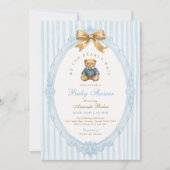 Invitation Code QR pour Baby Shower Ourson Rayures Bleues Vin (Devant)