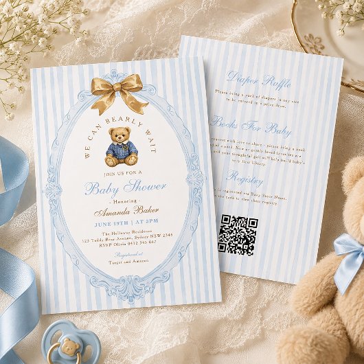 Invitation Code QR pour Baby Shower Ourson Rayures Bleues Vin