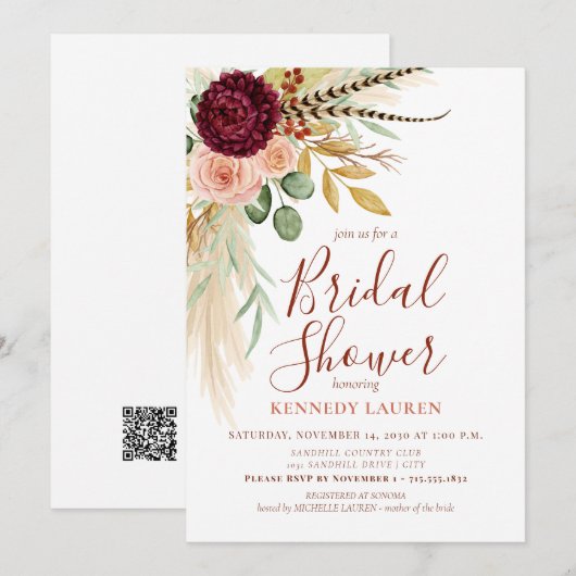 Invitation Code QR pour une Fête de Mariage Bohème Florale av (Devant / Derrière)