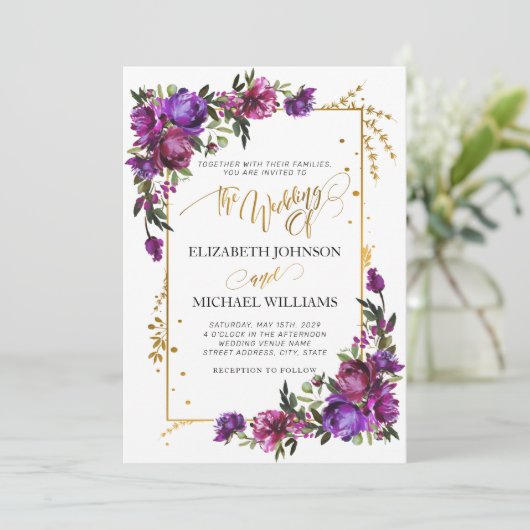 Invitation Code QR Purple Hot Pink Floral Gold Script (Debout devant)