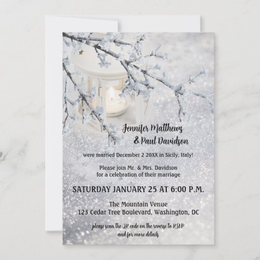 Invitation Code QR - Réception de mariage hivernal de neige u (Devant)