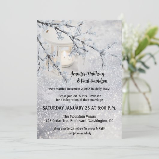 Invitation Code QR - Réception de mariage hivernal de neige u (Debout devant)