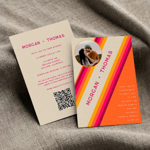 Invitation Code QR Rétro Années 70 80 Mariage Rose Orange Jau