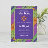 Invitation Code QR rétro Bat mitzvah violet et vert (Debout devant)