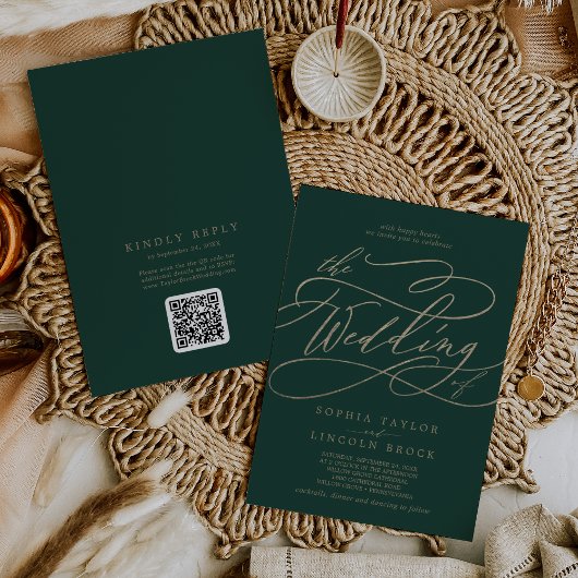 Invitation Code QR romantique vert et or tout en un Mariage