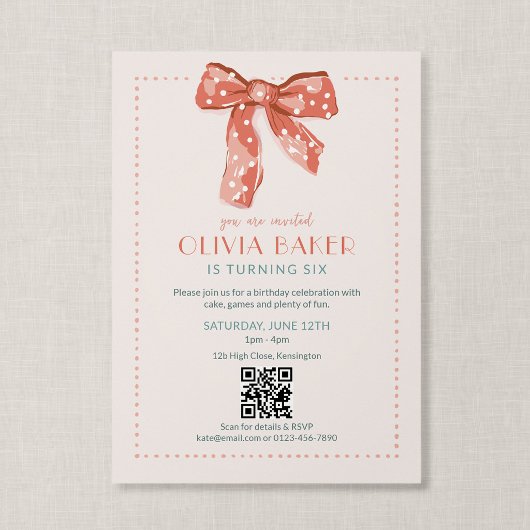 Invitation Code QR Rose Coquette Nœud Fille Anniversaire