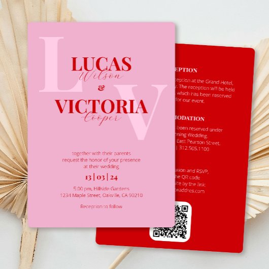Invitation Code QR rose et rouge en gras tout en un Mariage