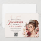 Invitation Code QR Rose Fardée Élégant pour Quinceañera (Devant / Derrière)