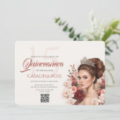Invitation Code QR Rose Fardée Élégant pour Quinceañera (Debout devant)