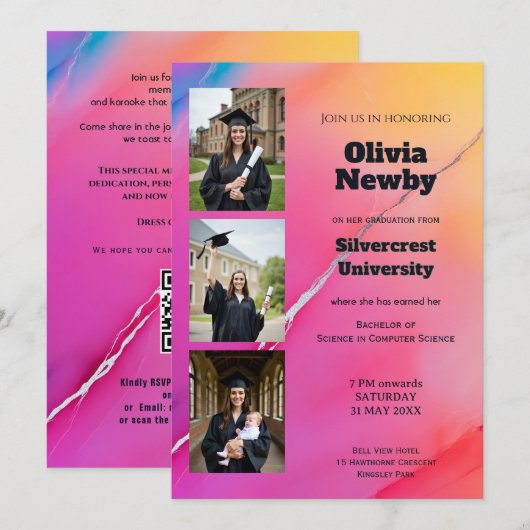 Invitation 🎓 Code QR Rose Marbre Arc-en-ciel Fête de Remise (Devant / Derrière)