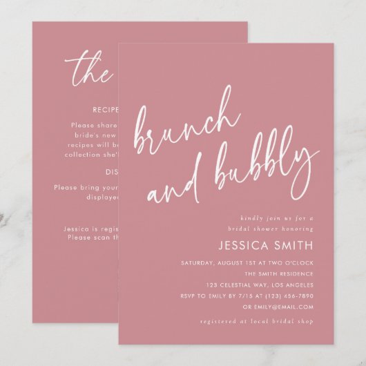 Invitation Code QR Rose Poussiéreux pour Brunch et Champagne (Devant / Derrière)