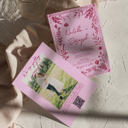 Invitation Code QR Rose Raspberry Dessiné Floral Photo Mariag