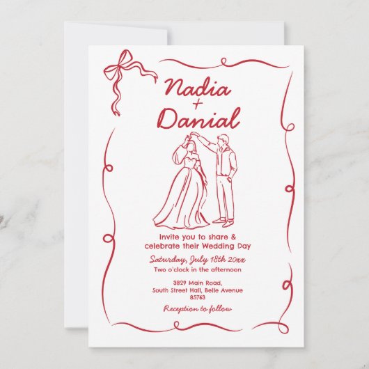 Invitation Code QR rouge blanc tiré à la main du mariage (Devant)