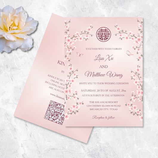 Invitation Code QR Rouge Foncé Rose Floral Mariage Chinois