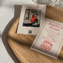 Code QR rouge rétro main dessinée Mariage photo éc