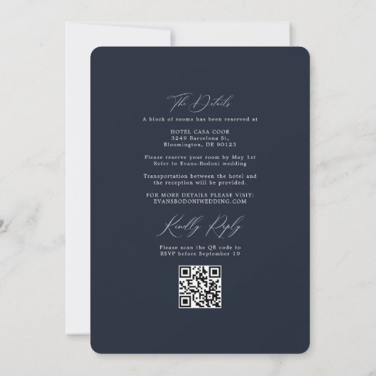 Invitation Code QR RSVP Botanique Simple Mariage Bleu Nuit (Dos)