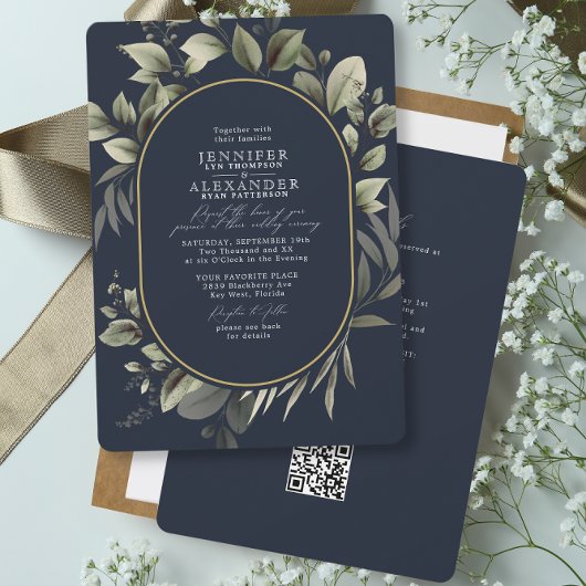 Invitation Code QR RSVP Botanique Simple Mariage Bleu Nuit
