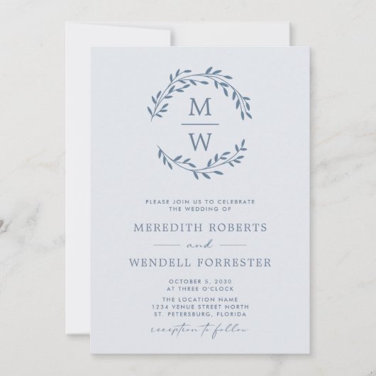 Invitation Code QR RSVP Dusty Blue Monogram Mariage Wreath In (Devant)