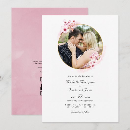 Invitation Code QR RSVP Fleur de Cerisier Rose Mariage de Pri (Devant / Derrière)