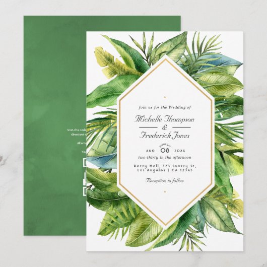 Invitation Code QR RSVP mariage aux feuilles tropicales aquar (Devant / Derrière)