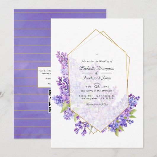 Invitation Code QR RSVP mariage Herbier Violet et Or (Devant / Derrière)