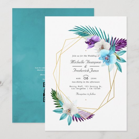 Invitation Code QR RSVP Mariage Orchidées Tropicales Géométri (Devant / Derrière)